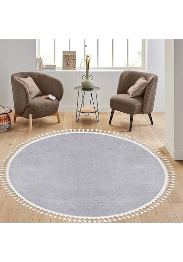 Saraz Halı Yuvarlak Comfort Puffy Ponpon Saçaklı Yıkanabilir