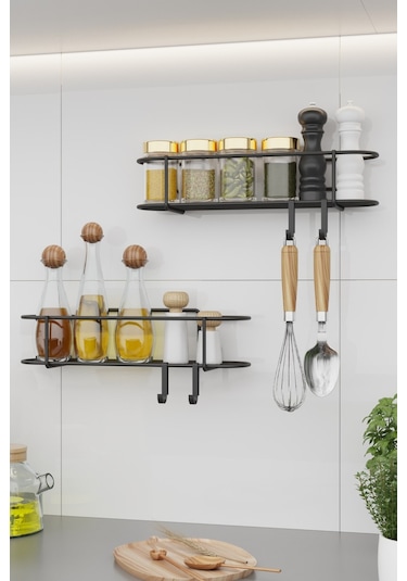 Bino Baharatlık 2 Li Set Siyah Mat Metal Mutfak Rafı Banyo Rafı Yapışkanlı Kancalı Tuzluk Askılık Çok Renkli