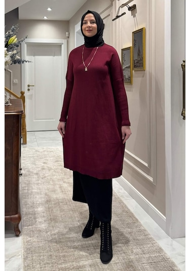 Rabia Şamlı Dora Triko Tunik Bordo Çok Renkli