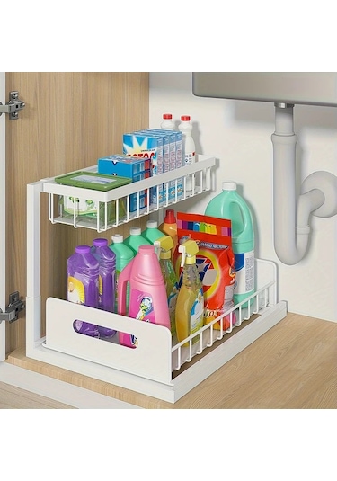 Honeybeeshop Lavabo Altı Düzenleyici Beyaz 1 Paket Kayar Çekmece Rafları Mutfak Banyo Kiler Dolabı Düzenleme Rafı Metal Sürgülü Çekmeceler Beyaz