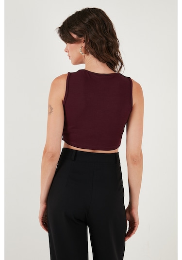 Lela Slim Fit Kalp Yaka Düğmeli Kalın Askılı Crop Bayan Yelek 5865497 Bordo
