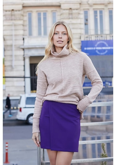 Kadın Hafif Likralı Kumaş Yüksek Bel Anvelop Kruvaze Hafif Mini Kalem Etek-mor Mor