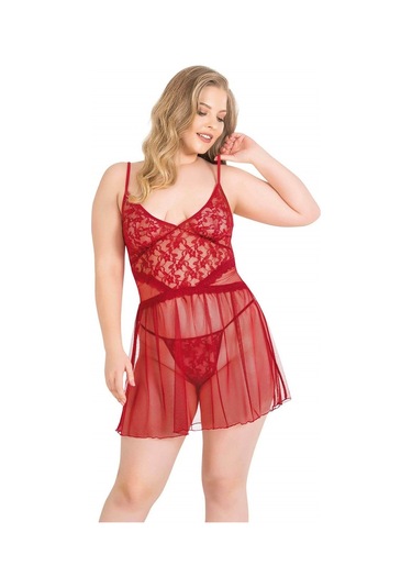 Büyük Beden Kırmızı Kısa Tül Gecelik Kırmızı