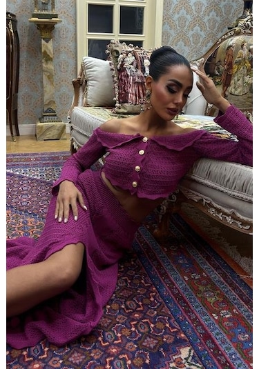 Madonna Yaka Derin Yırtmaç Etekli Şık Triko Takım 10099 Mürdüm