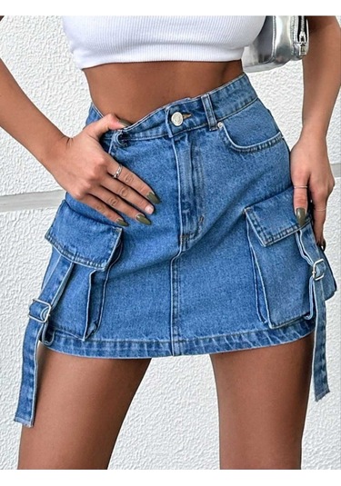 Shevega Kadın Mavi Korük Kargo Cepli Kot Etek Mavi