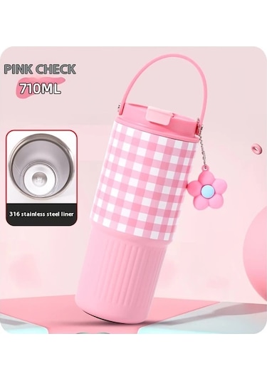 Brightnova Powder Blue Grid 24 01oz 30oz Princess Temalı Paslanmaz Çelik Termos Matara Seyahat Bardağı 07 Beyaz