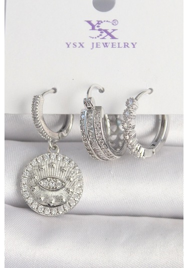 Pirinç Gümüş Renk Zirkon Taşlı Göz İşlemeli Halka Model 3'lü Kadın Kombin Küpe Çok Renkli