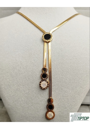 Siyah-beyaz Mineli Gold Renk Kolye Gold