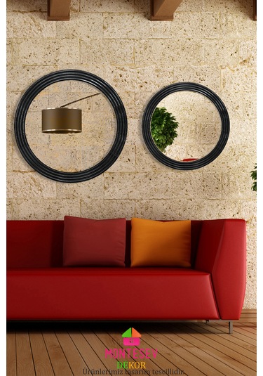 Zümrüt Ahşap Siyah Dekoratif İşlemeli Duvar Aynası İkili 69-56 Cm Siyah