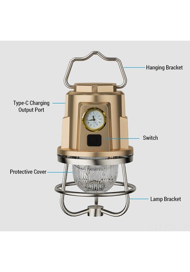 Padalink "taşınabilir Şarjlı Led Kamp Feneri - Su Geçirmez, Ayarlanabilir Parlaklık, Type-c Şarj" Altın