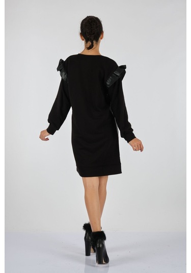 Unique Mode Minimalist Uzun Kol Midi Deri Elbise - Günlük Şıklık Siyah