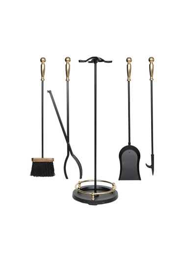 5 Li Premium İthal Döküm Gold Başlıklı Yuvarlak Şömine - Soba Maşa Takımı Aksesuar Seti