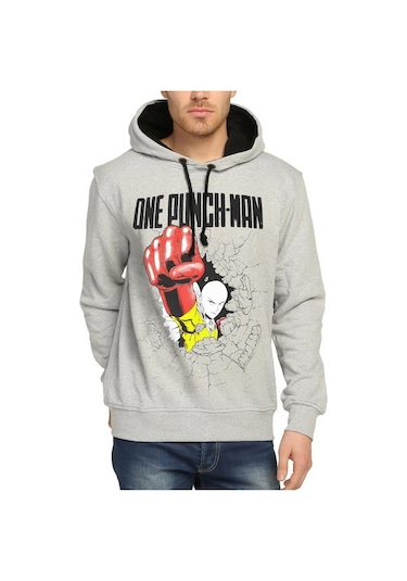 Bant Giyim - One Punch Man Saitama Gri Kapşonlu Sweatshirt Hoodie