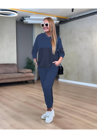 Tua Moda Kadın Uzun Kollu Kapşonlu Viskon Iki Iplik Bluz Ve Pantolon Ikili Takım Lacivert