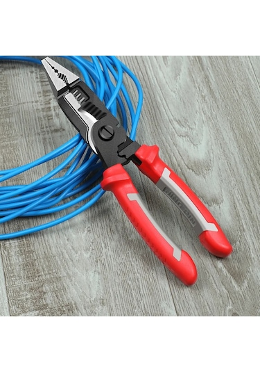 Ximistore9 Elektrikçi Çok İşlevli Pense: Telli Kablo Kesici, Telli Soyucu, Terminal Presleyici - El Aleti Kırmızı