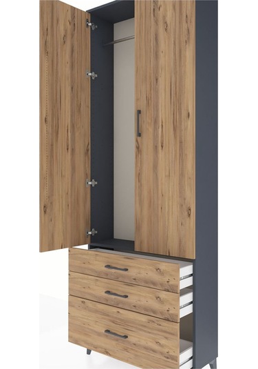 Arges Dolap Tek Raflı 3 Çekmeceli Tek Askılı 88x30x243 Antrasit-çam Antrasit