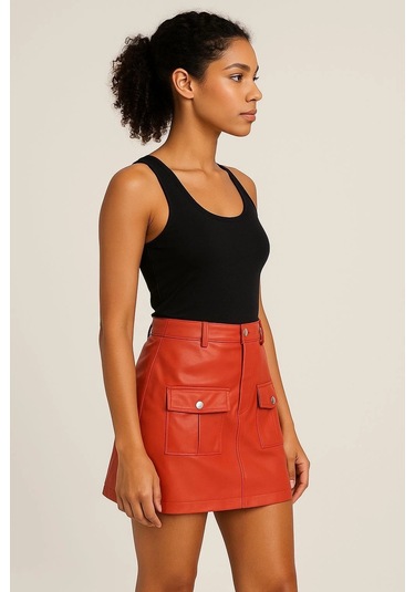 Önden İki Cepli Deri Etek Turuncu H240040 Turuncu