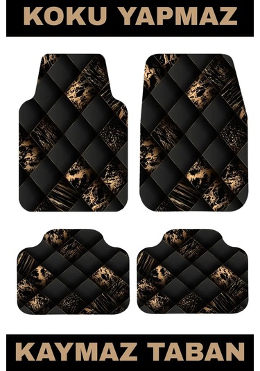 Dekoratif Oto Paspas Takımı Universal Kesim Siyah Altın Desen 4 Parça Araba Paspası