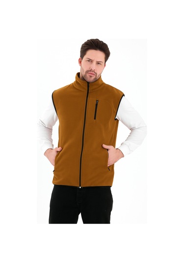 Erkek Tam Fermuarlı Spor Polar Yelek Camel