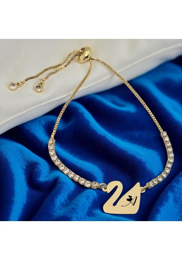 Archin A Harfine Özel Beyaz Taş Detaylı Kuğu Kuşu Motifli 14 Ayar Altın Plakalı Hediye Bileklik-601harf A