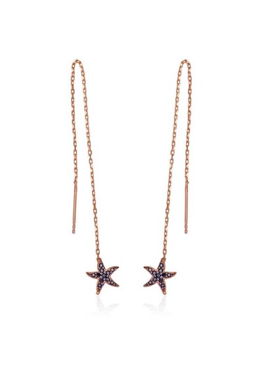 Gümüş Siyah Taşlı Deniz Yıldızı Zincirli Küpe Gold - Rose Gold