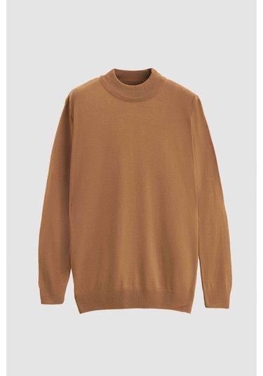 D's Damat Regular Fit Camel Pamuk Karışımlı Yarım Balıkçı Triko Kazak Camel