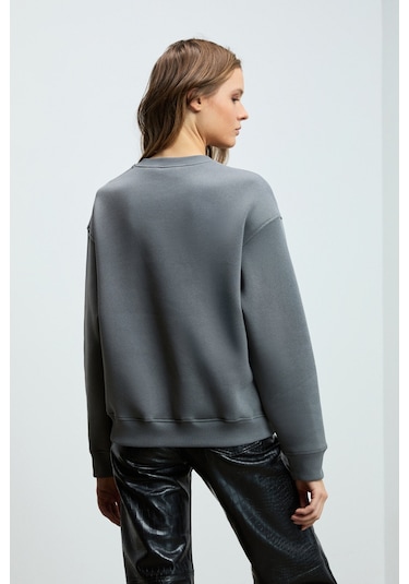 Grimelange Vaneltına Kadın Organik Pamuklu Yumuşacık İçi Polarlı Yuvarlak Yakalı Gri Sweatshirt Gri
