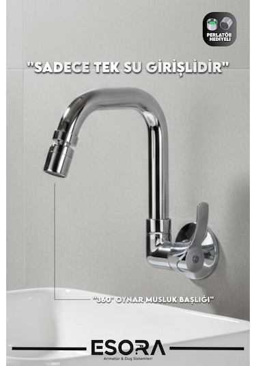 360 Oynar Başlıklı Duvardan Tek Su Mutfak - Banyo Ve Lavabo Bataryası Krom