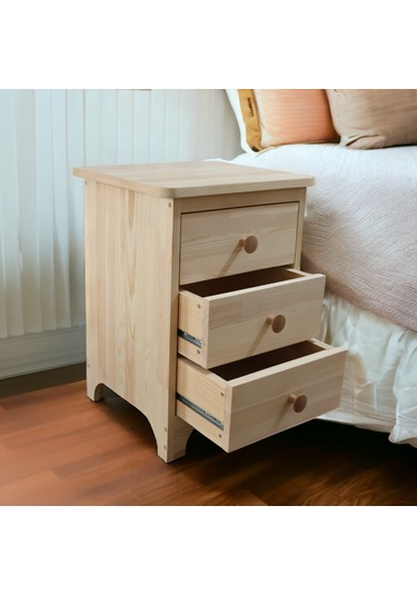 Retro Doğal Ahşap 3 Çekmeceli Komodin 1. Sınıf Masif Çam Ağacı 35