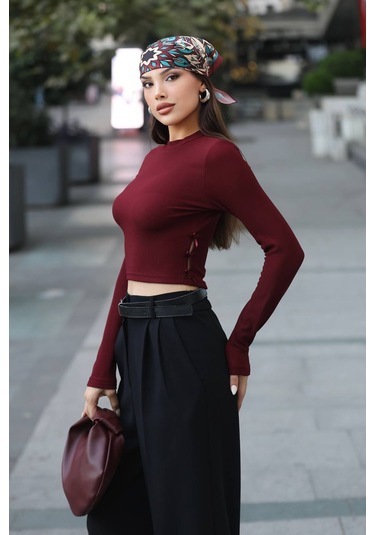 Mersi Bordo Bluz Ottoman Yan Kurdele Detay Bordo