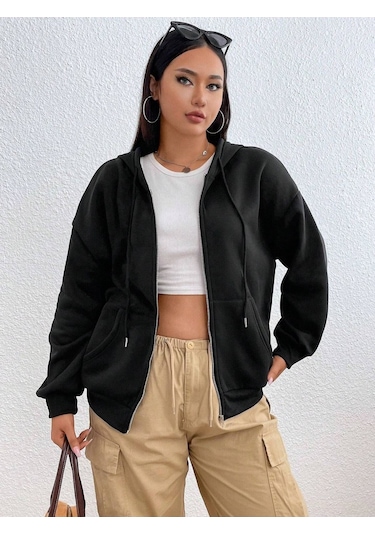 Basic Düz Hırka - Siyah Oversize Kapüşonlu Siyah