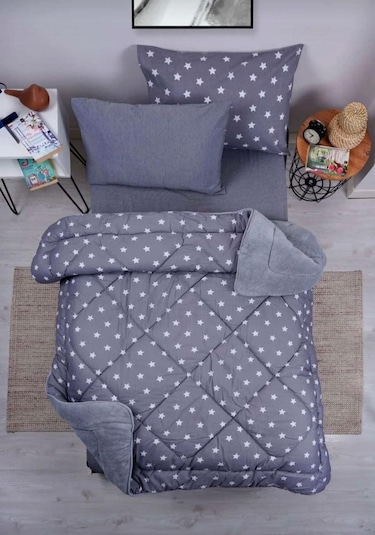 Tek Kişilik Lüx Çift Taraflı Pufidik Desenli Wellsoft Yorgan 155x215 + 1 Adet Yastık Kılıfı Açık Gri
