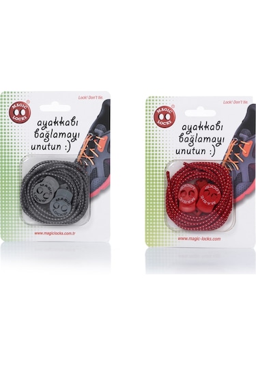 Magic Locks Yuvarlak Akıllı Ayakkabı Bağcık 2'li Set Gri-kırmızı