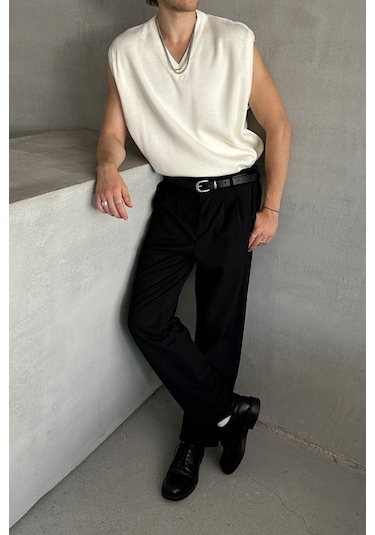 Erkek V Yaka Oversize Süveter Ekru