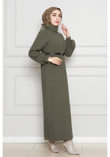 Balıkçı Yaka Kemerli Elbise-haki-4556 Haki