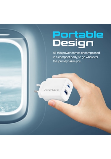 Promate BiPlug-2 17W Yüksek Hızlı Şarj Cihazı, Type-C, USB Beyaz