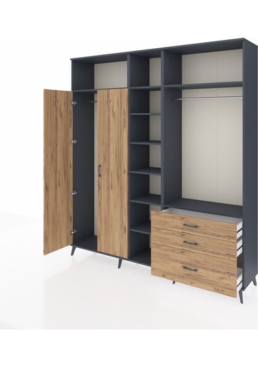 Hyperion Dolap 9 Raflı 3 Çekmeceli 2 Askılı 220x44x243 Antrasit-çam/çam Atlas Çam/atlas Çam