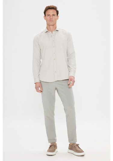 AC&Co / Altınyıldız Classics ERKEK BEJ Kolay Ütülenebilir Slim Fit Dar Kesim İtalyan Yaka Armürlü Gömlek Bej