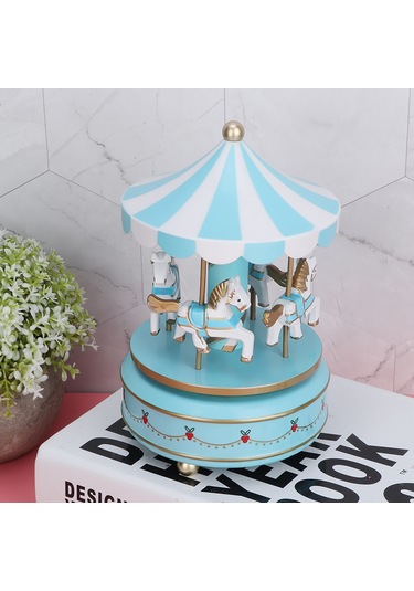 Kosona Mavi Devrilen Atlı Karuseli Müzik Kutusu - Ev Dekorasyonu, Pastalarda Kullanılabilir, Doğum Günü Hediyesi