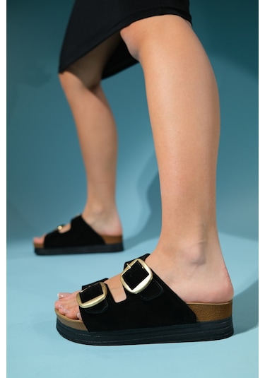 Luvishoes Harbor Siyah Süet Çift Bantlı Hakiki Deri Kadın Kalın Tabanlı Terlik Siyah