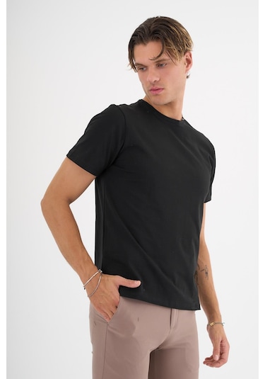Erkek Siyah %100 Pamuklu Standart Kalıp Likralı Basic T-shirt Siyah