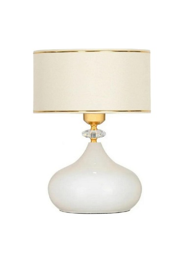 Bej Renk Kumaş Elips Masaabajuru Kristal Taşlı Beyaz Bej