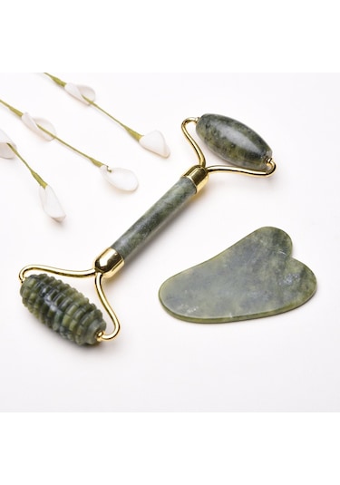 Tırtıklı Jade Roller ve Yeşim Kalp Gua Sha Masaj Taşı Premium Set