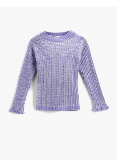 Koton Ribanalı Dokulu Örgü Kazak Yuvarlak Yaka Uzun Kollu Kolları Fırfır Detaylı Lila 3wkg90031ht Lila