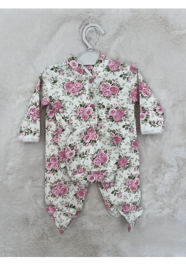 Güllü Çiçek Empirme Şapkalı Zıbın Pembe