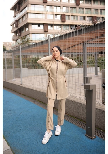 Tesettür Eşofman Takımı Fermuarlı Ikili - Tunik Pantolon Bej 474 Bej