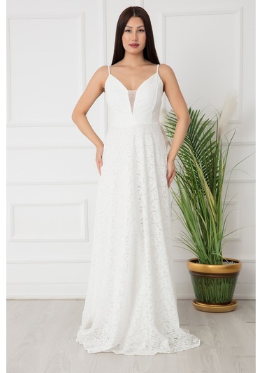 Kalopya Dantel İp Askılı Uzun Abiye Elbise 13337-