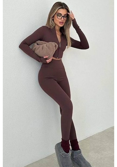 Madmext Koyu Kahverengi Yüksek Bel Kadın Fitilli Tayt Mg1625 Koyu Kahverengi