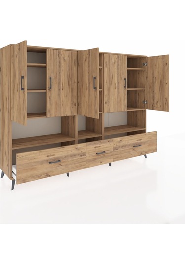 Hyperion Dolap 12 Raflı 3 Çekmeceli 5 Kapaklı 220x44x163 Çam-çam Çam-çam
