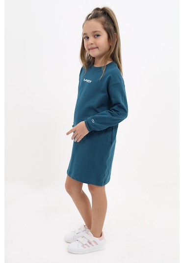 Toontoy Kız Çocuk Bisiklet Yaka Baskılı Elbise Petrol Mavi
